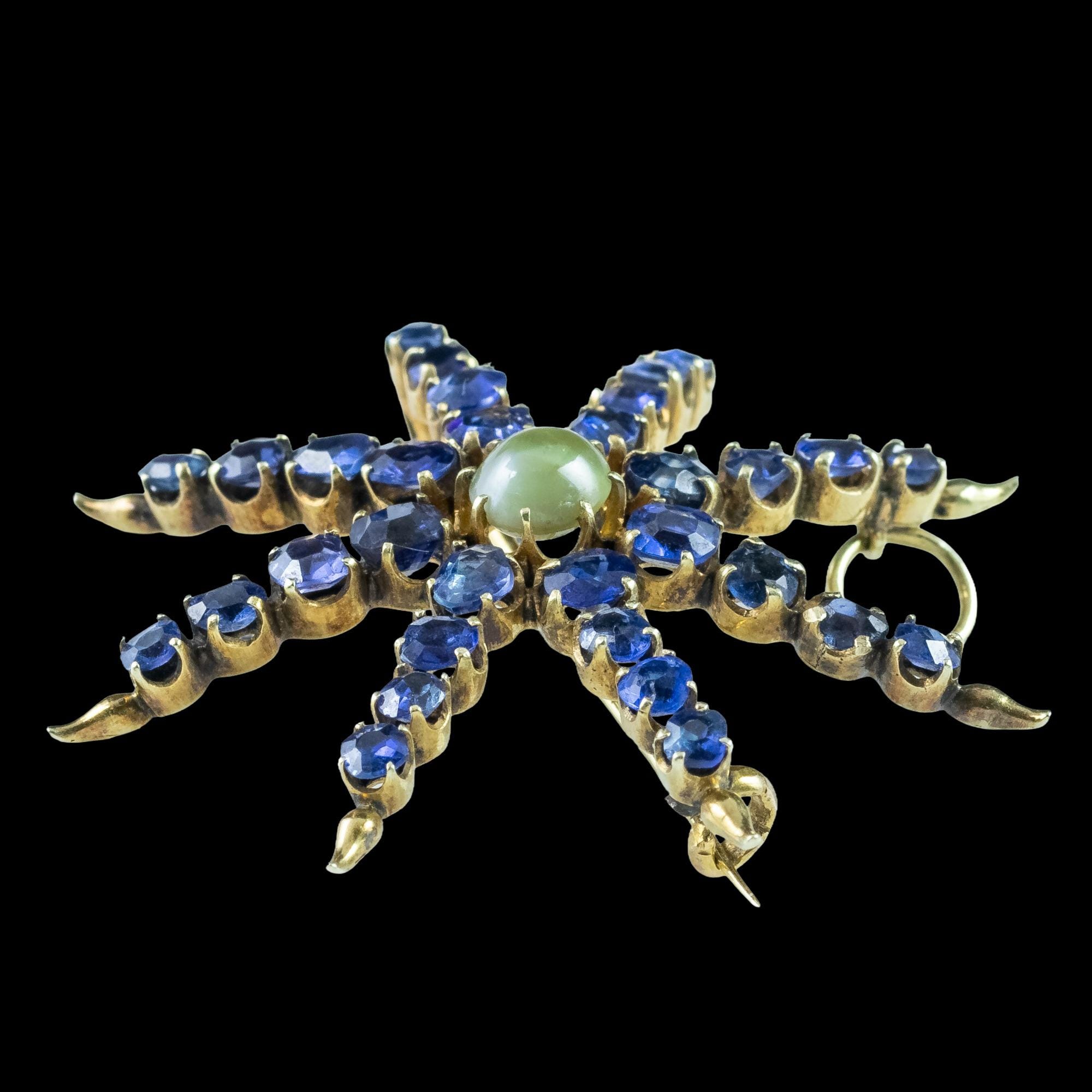 Antique Victorian Star Brooch Sapphire Cats Eye Chrysoberyl 18ct