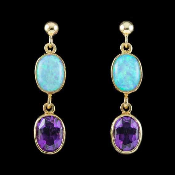 Opal Amethyst Earrings Double Drop 9ct Gold