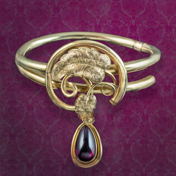 Antique Victorian Bangle 18ct Gold With Garnet Lo… - image 1
