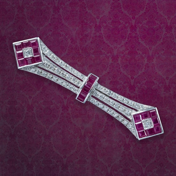 Art Deco Style Ruby Diamond Bar Brooch 18ct Gold
