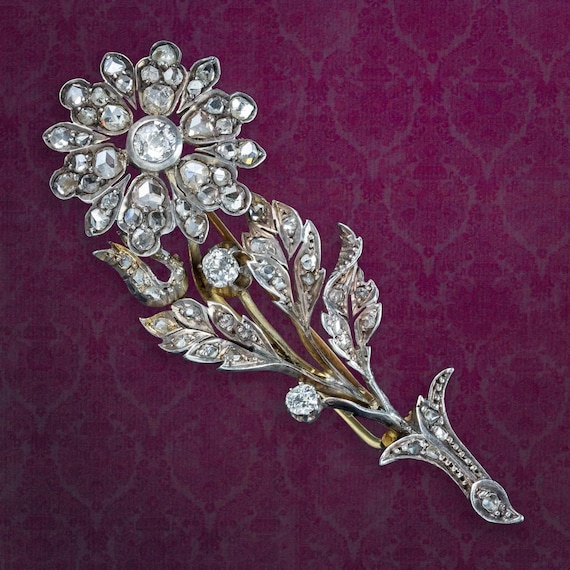 Antique Victorian French Diamond Flower Brooch 2.5ct Total