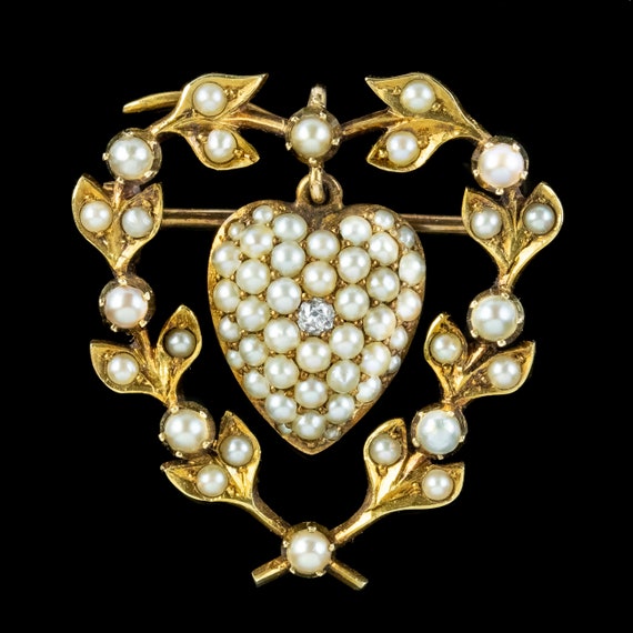 Antique Victorian Pearl Diamond Heart Brooch 15ct… - image 2
