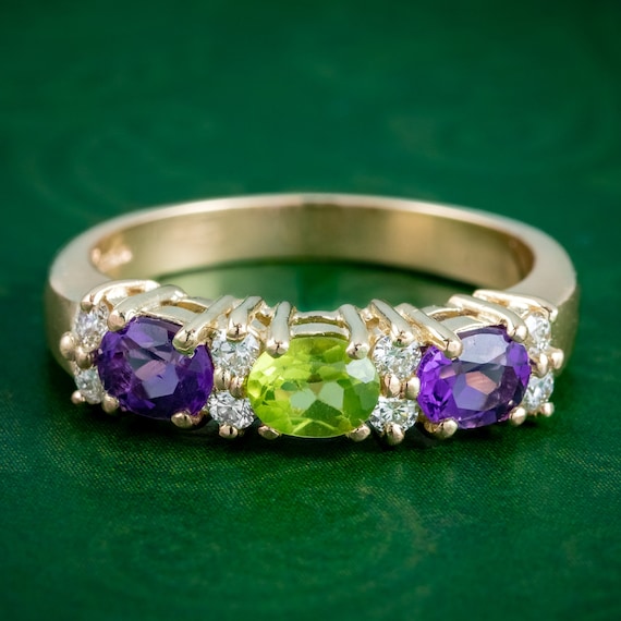 Suffragette Amethyst Peridot Diamond Ring 9ct Gold
