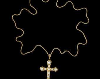 Vintage Natural Baroque Pearl Cross Pendant Necklace 18ct