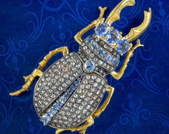 Edwardian Style Sapphire Diamond Stag Beetle Brooch 3ct Of Sapphire