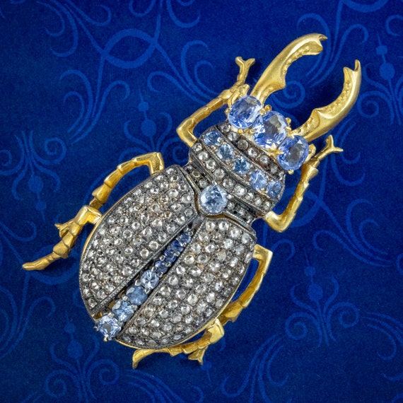 Edwardian Style Sapphire Diamond Stag Beetle Brooch 3ct Of Sapphire