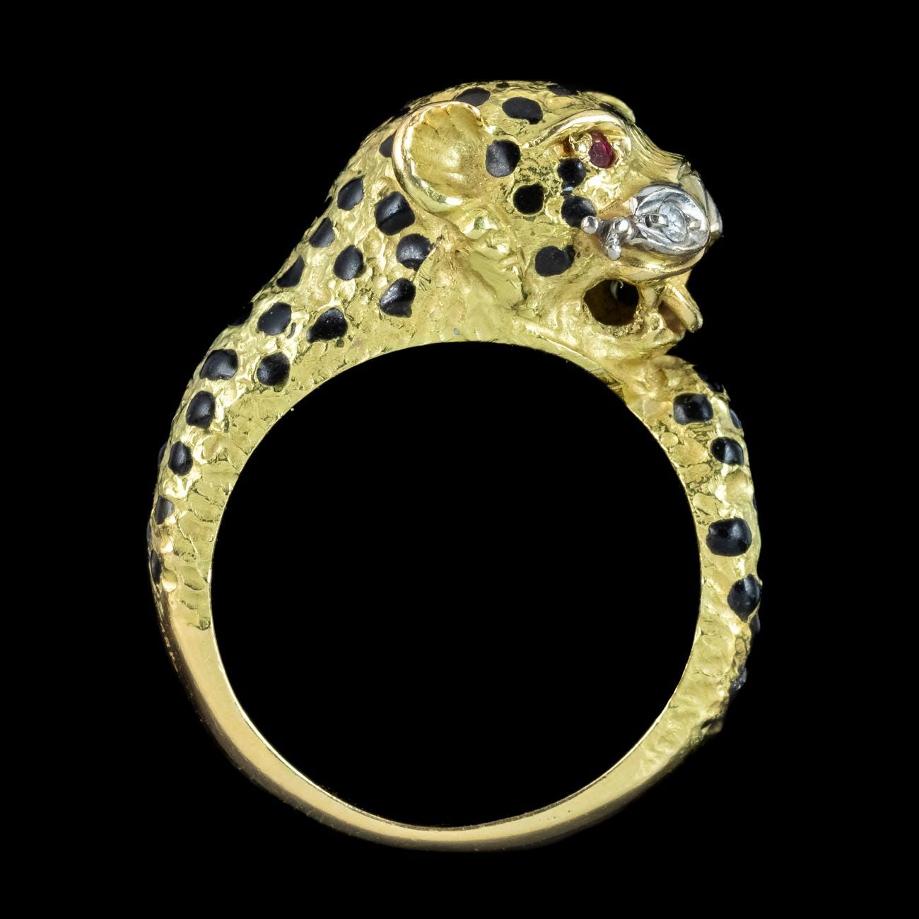 Bague Vintage Or 18 Carats Rubis Tête De Léopard - Style Art Déco - Taille 57