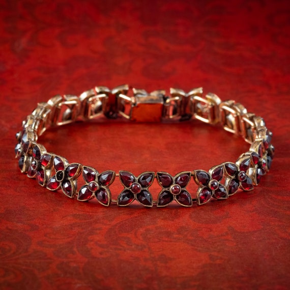 Antique Victorian Bohemian Garnet Flower Bracelet - image 1