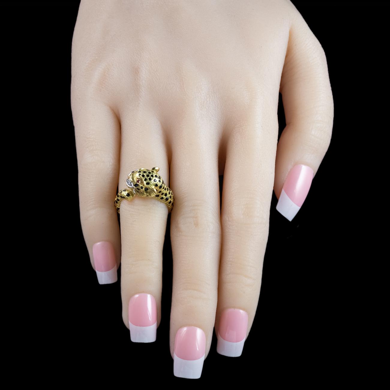 Bague Vintage Or 18 Carats Tête De Léopard Avec Rubis - Taille 57 - Style Art Déco