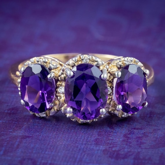 Amethyst Diamond Trilogy Ring 9ct Gold