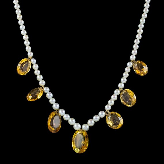 Antique Victorian Citrine Pearl Necklace Circa 190