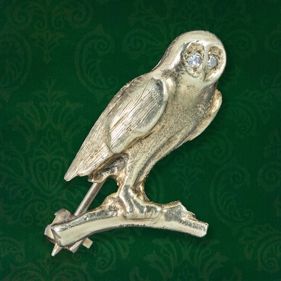 Owl Brooch 9ct Gold Diamond Eyes