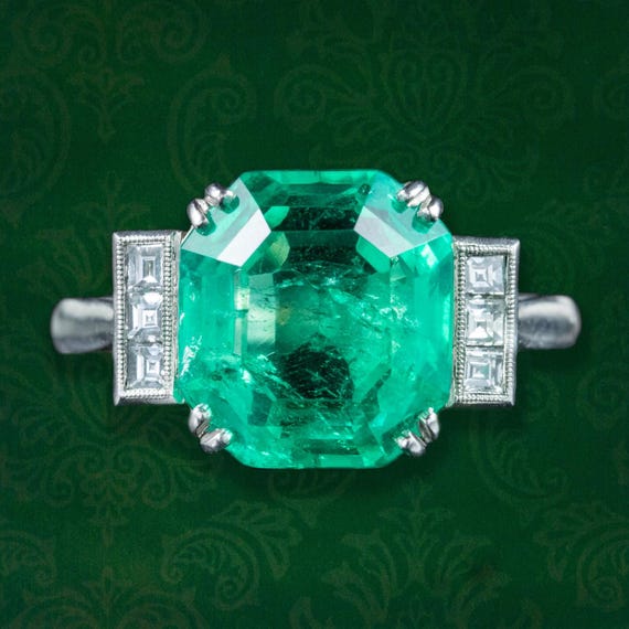 Art Deco Style Emerald Diamond Ring 6.19ct Colombian Emerald With Cert
