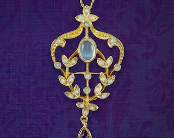 Viktorianischen Stil Opal Mondstein Amethyst Anhänger Halskette Silber 18 Karat Vergoldet