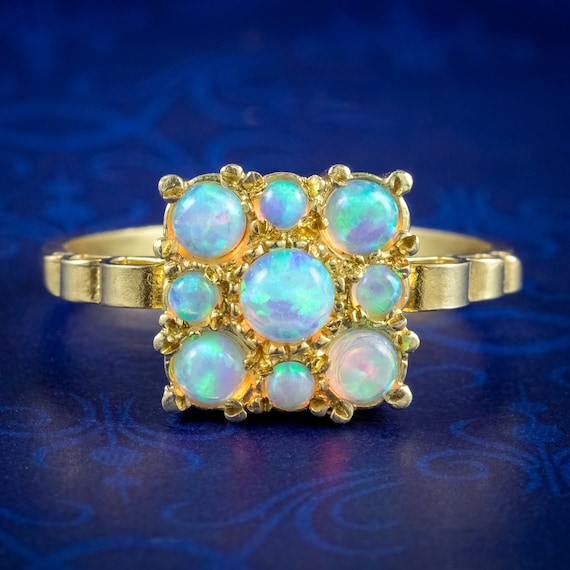 Victorian Style Opal Cluster Ring Silver 18ct Gold Gilt