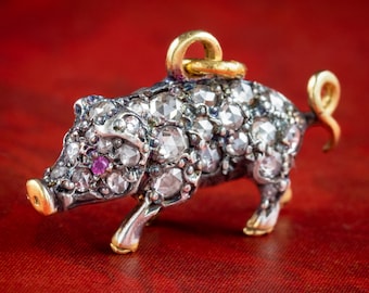 Rose Cut Diamond Pig Pendant Ruby Eyes 1.50ct Of Diamond