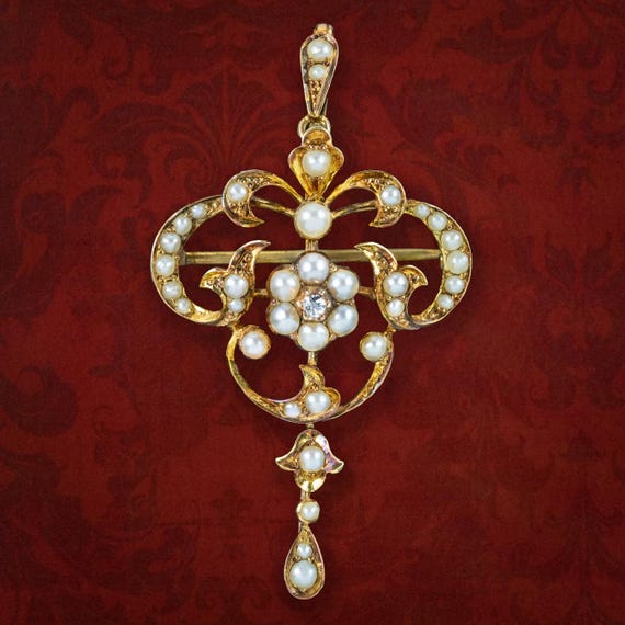 Antique Victorian Diamond Pearl Pendant 15ct Gold