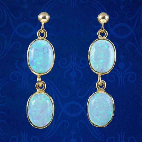Opal Double Drop Stud Earrings 9ct Gold