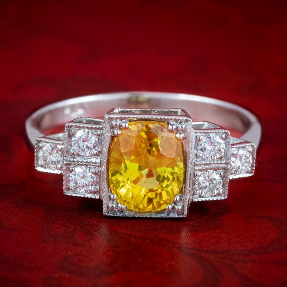 Art Deco Style Yellow Sapphire Diamond Ring 2ct Sapphire