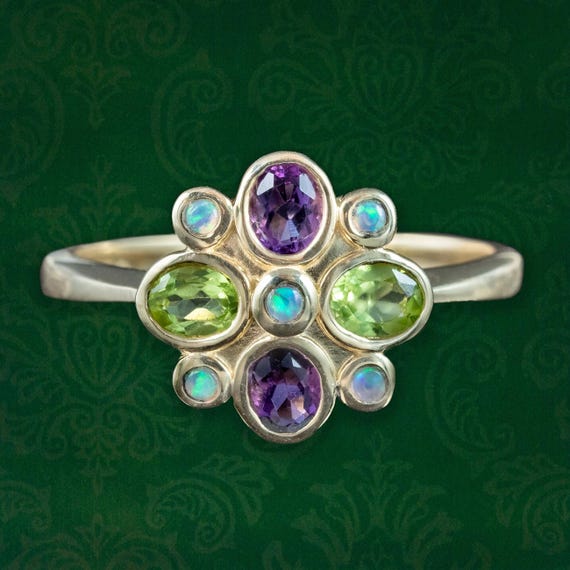 Edwardian Style Suffragette Cluster Ring Amethyst Peridot Opal