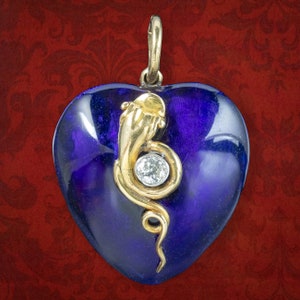Antique Victorian Guilloche Enamel Heart Pendant Diamond Snake And Locket