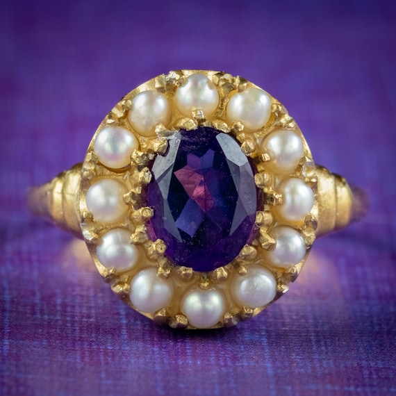 Victorian Style Amethyst Pearl Cluster Ring 1.60ct Amethyst