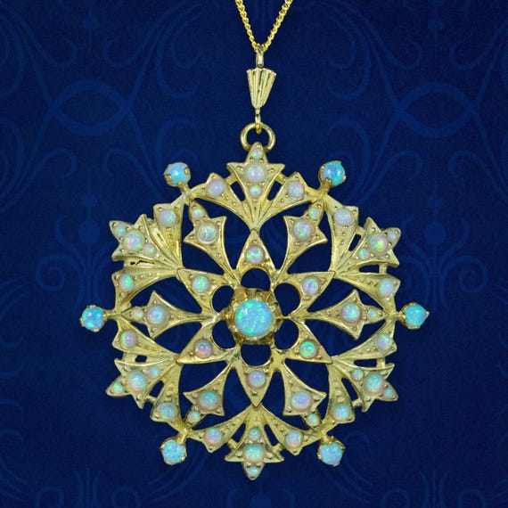 Victorian Style Opal Starburst Pendant Necklace Silver 18ct Gold Gilt