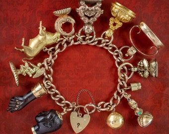 Antique Victorian Charm Bracelet With 12 Charms And Fobs