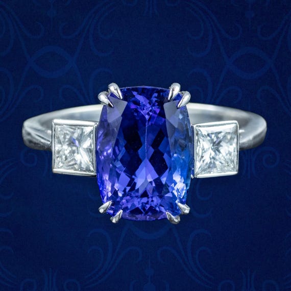 Art Deco Style Tanzanite Diamond Trilogy Ring 4.29ct Tanzanite