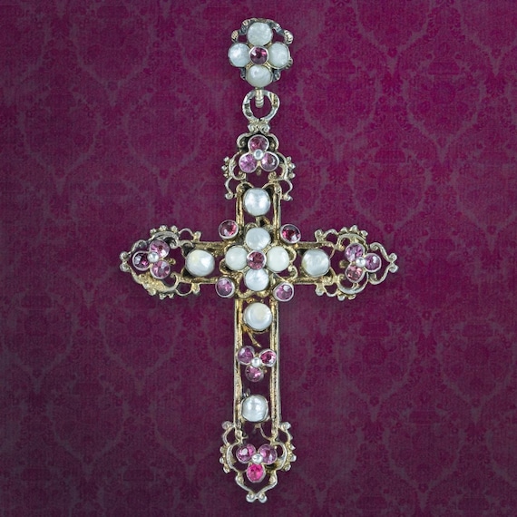 Antique Victorian Austro-Hungarian Pearl Garnet Cross Pendant