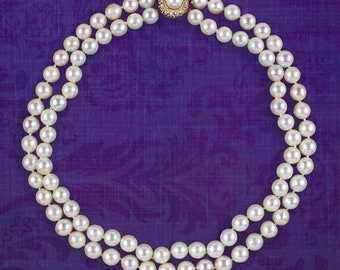 Art Deco Double Strand Pearl Necklace 18ct Gold Diamond Clasp