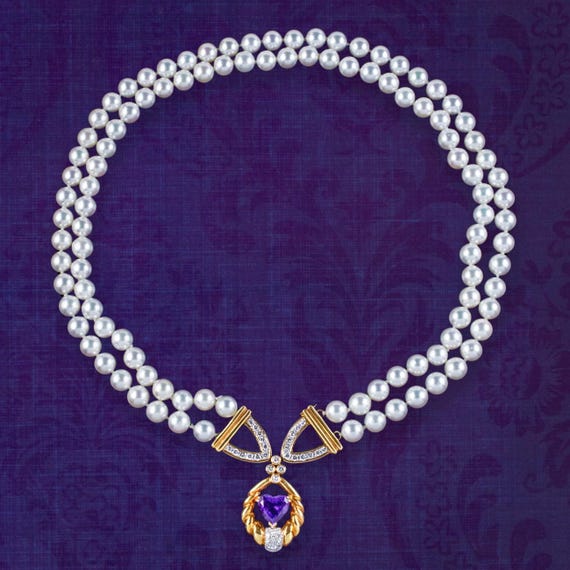 Vintage Pearl Necklace Diamond Amethyst Heart Clasp