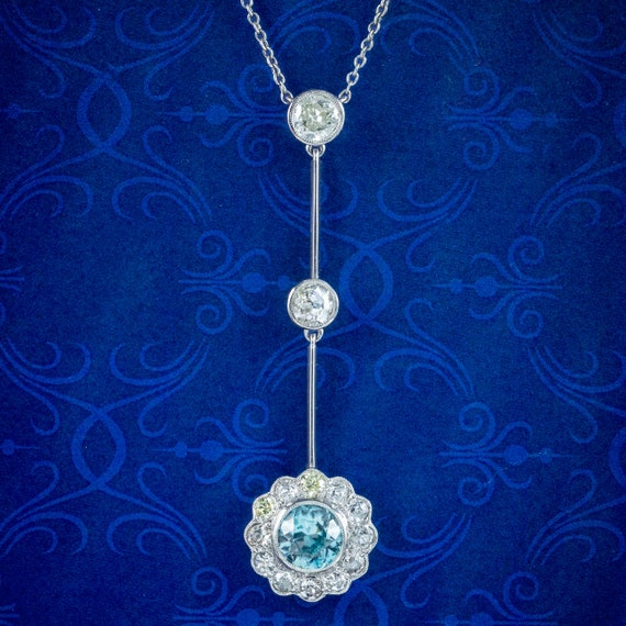 Antique Edwardian Blue Zircon Diamond Lavaliere N… - image 1