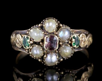 Antique Georgian Ring 15ct Gold Garnet Emerald Pearl Circa 1800