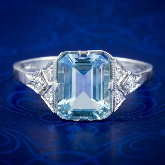 Art Deco Style Aquamarine Diamond Ring 2.8ct Aqua