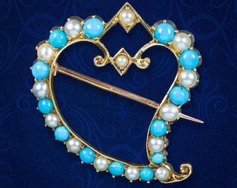 Antique Victorian Witches Heart Brooch Pearl Turquoise 18ct Gold