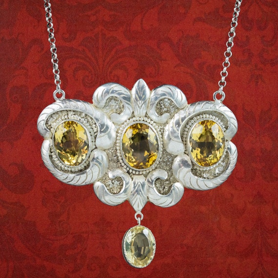 Antique Edwardian Citrine Lavaliere Necklace Sterling Silver