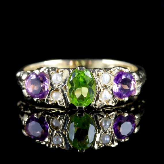 Suffragette 9ct Gold Ring Peridot Amethyst Pearl