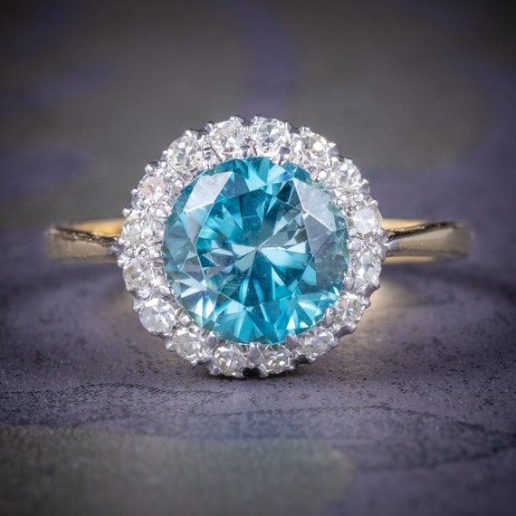 Antique Edwardian Blue Zircon Ring 18Ct Gold Plat… - image 1