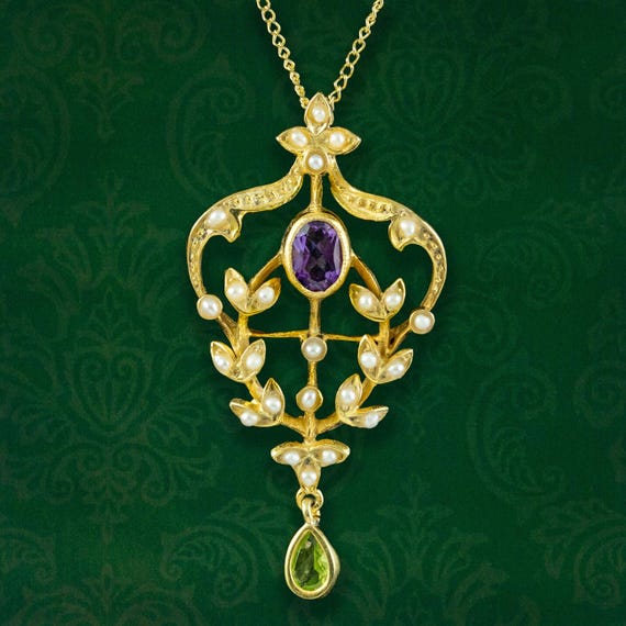 Edwardian Style Suffragette Pendant Necklace Amethyst Pearl Peridot
