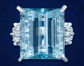 Art Deco Style Aquamarine Diamond Cocktail Ring 14.88ct Aqua