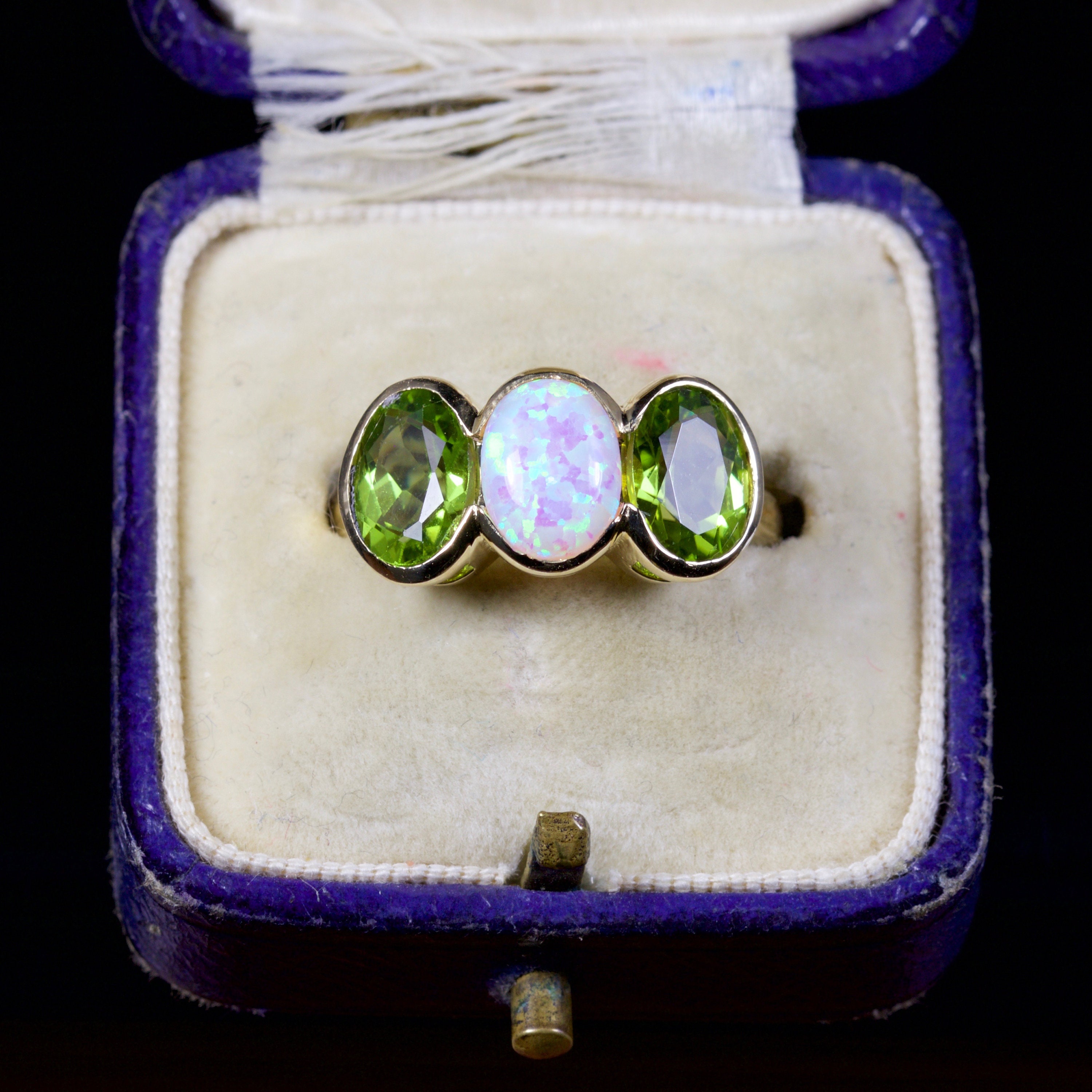 Peridot Opal Trilogy Ring 9ct Gold Ring
