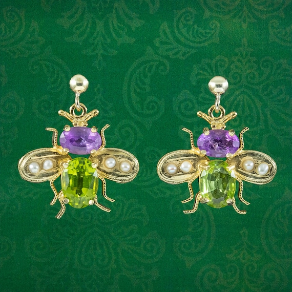 Suffragette Insect Bee Earrings Amethyst Peridot Pearls