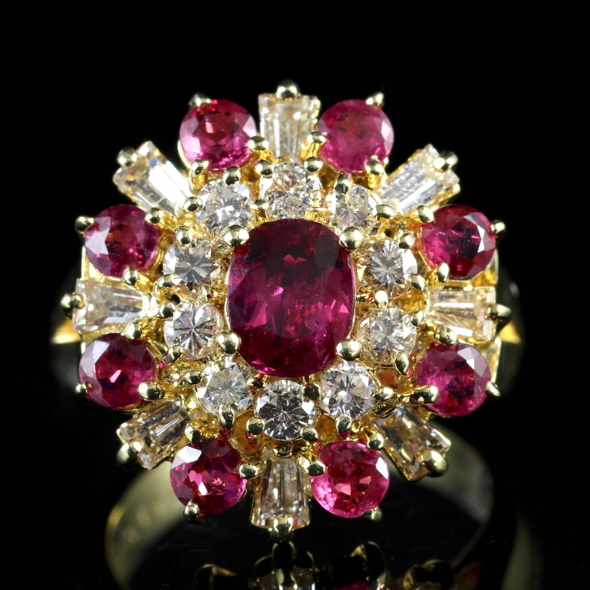 Vintage Ruby Diamond Cluster Ring 1.29ct Ruby 1.50ct Diamond 18ct Gold