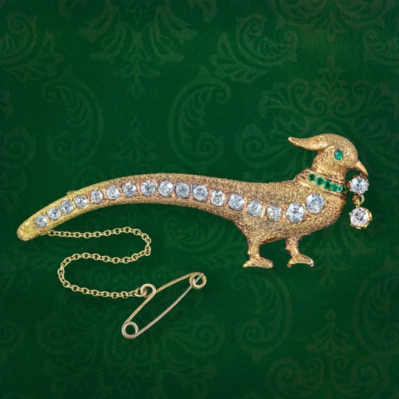 Antique Edwardian Pheasant Brooch Diamond Emerald 18Ct Gold