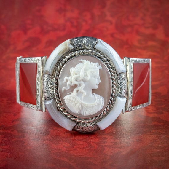 Antique Victorian Scottish Silver Agate Cameo Bra… - image 1