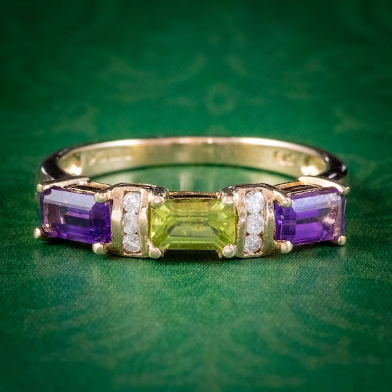 Suffragette Amethyst Peridot Diamond Ring 9ct Gold