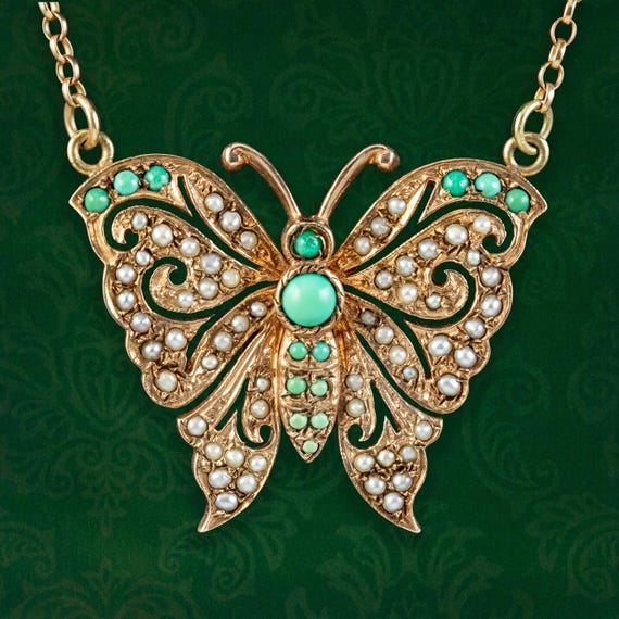 Vintage Turquoise Pearl Butterfly Lavaliere Necklace Dated 1976