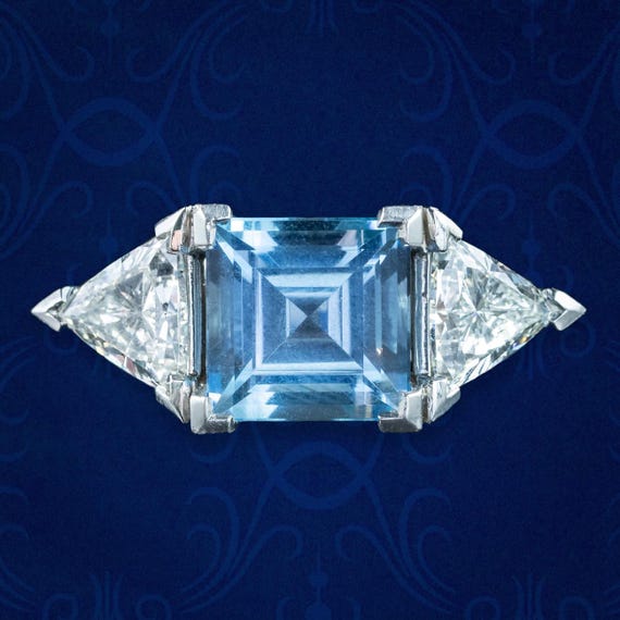 Vintage Aquamarine Diamond Trilogy Ring 3ct Aqua