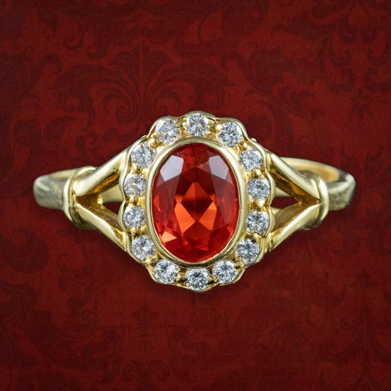 Fire Opal Diamond Cluster Ring 0.70ct Opal